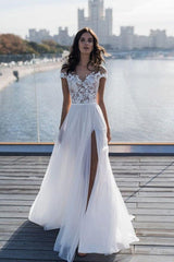 Off The Shoulder Appliques A line Wedding Dresses Side Split Tulle Bridal Gowns-Ballbella