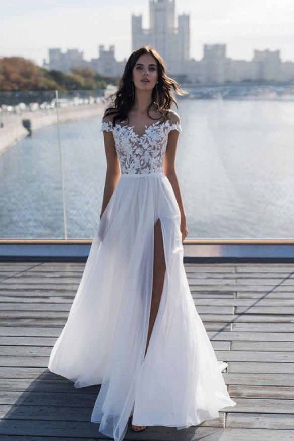 Off The Shoulder Appliques A line Wedding Dresses Side Split Tulle Bridal Gowns-Ballbella