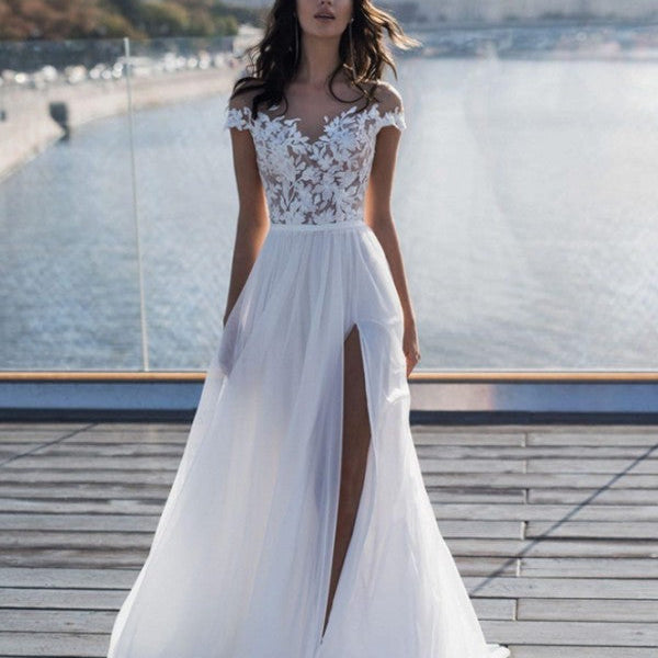 a-line lace wedding dress with side split detail Lace Wedding Dress with Side Split Detail