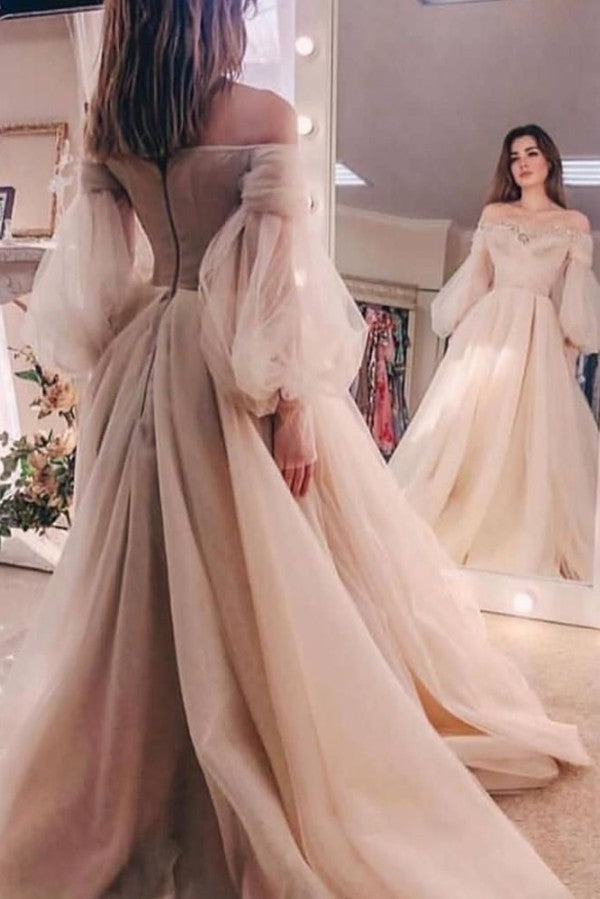 Off the shoulder Beads puff sleeve Tulle Ball Gown Evening Dress-Ballbella