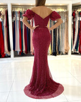 Off-the-Shoulder Bubble Sleeves Burgundy Prom Dress Sequins Slit Evening Gowns-Ballbella