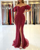 Off-the-Shoulder Bubble Sleeves Burgundy Prom Dress Sequins Slit Evening Gowns-Ballbella
