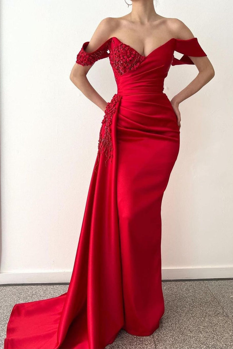 Off-the-shoulder Burgundy Beaded Long Prom Dress with Half Train Ballbella Off-the-shoulder Burgundy Beaded Long Prom Dress with Half Train Ballbella