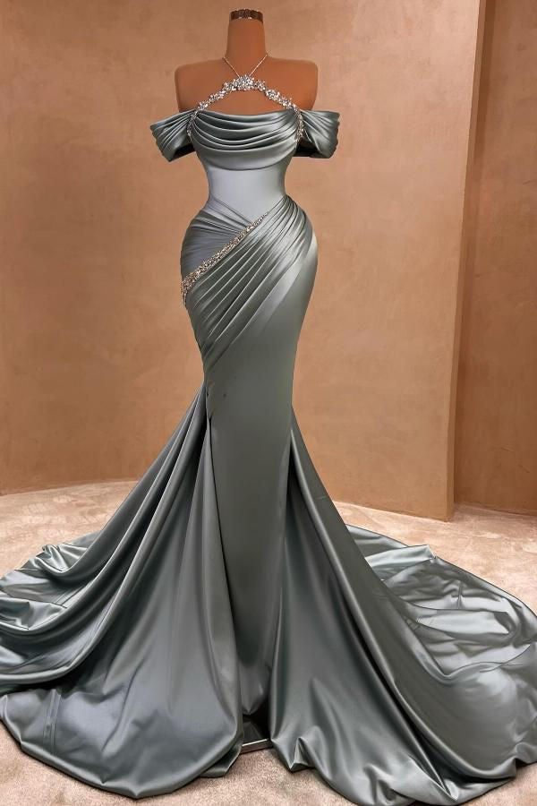 Off the shoulder Cap sleeves Gray Shiny Satin Court Train Prom Dresses-Ballbella