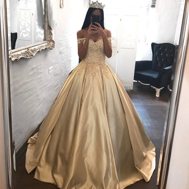 Customizing this New Arrival Off-the-Shoulder Champagne Gold Ball Gown Evening Dress Appliques Quinceanera Dresses FB0212 on Ballbella. We offer extra coupons,  make Prom Dresses, Evening Dresses in cheap and affordable price. We provide worldwide shipping and will make the dress perfect for everyone.