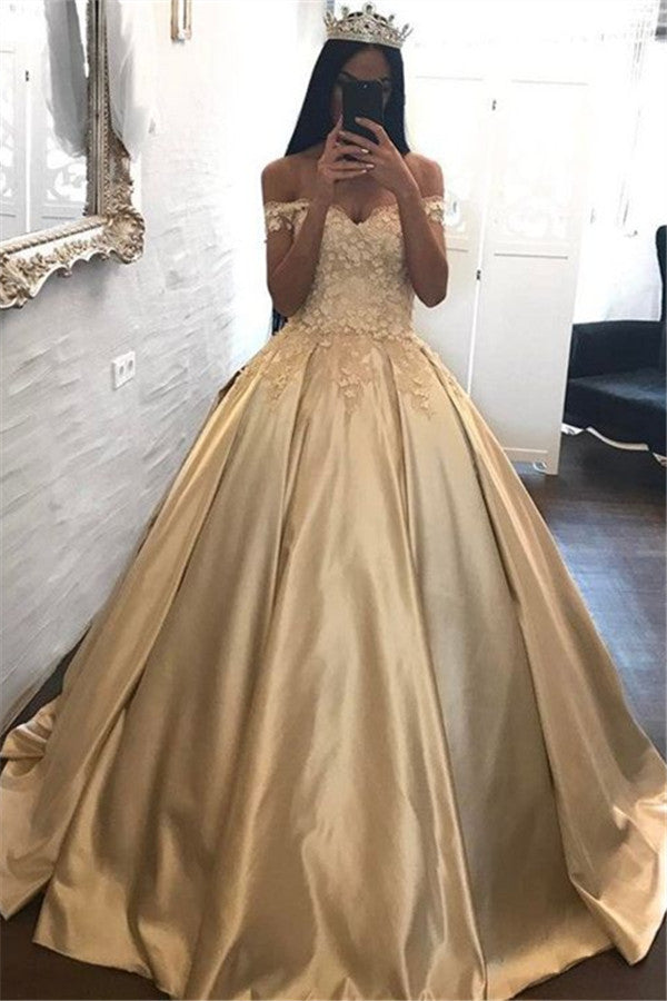 Customizing this New Arrival Off-the-Shoulder Champagne Gold Ball Gown Evening Dress Appliques Quinceanera Dresses FB0212 on Ballbella. We offer extra coupons,  make Prom Dresses, Evening Dresses in cheap and affordable price. We provide worldwide shipping and will make the dress perfect for everyone.