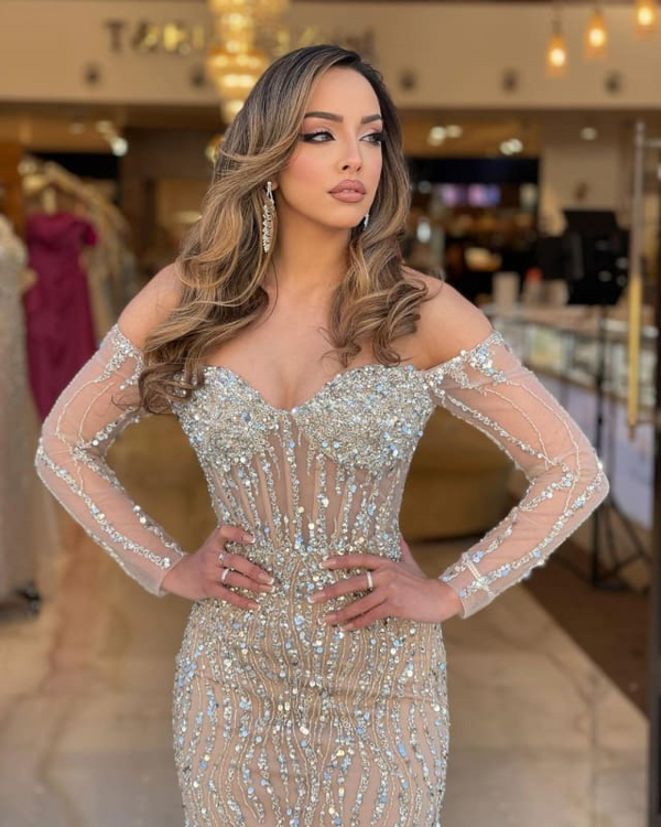 Off the shoulder Champange Long sleeves Sweetheart Sparkle Beaded Prom Dresses Off the shoulder Champange Long sleeves Sweetheart Sparkle Beaded Prom Dresses