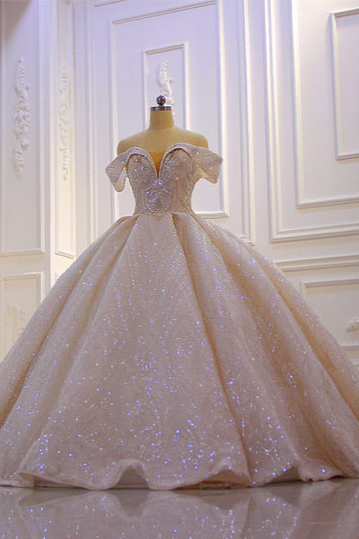 Off the shoulder Champange Puffy ball Gown Sparkle Wedding Dress Off the shoulder Champange Puffy ball Gown Sparkle Wedding Dress