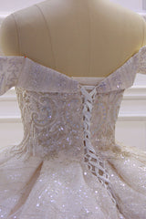 Off the shoulder Champange Puffy ball Gown Sparkle Wedding Dress-Ballbella