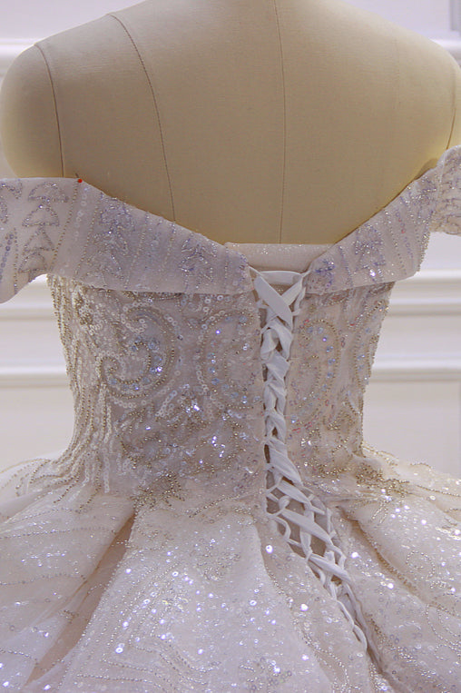 Off the shoulder Champange Puffy ball Gown Sparkle Wedding Dress-Ballbella