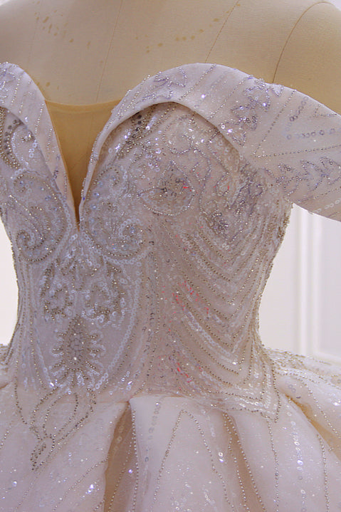 Off the shoulder Champange Puffy ball Gown Sparkle Wedding Dress-Ballbella