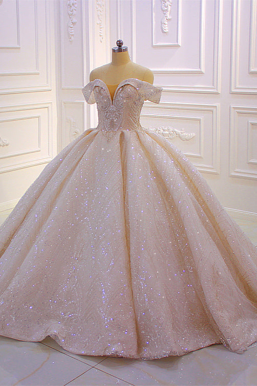 Off the shoulder Champange Puffy ball Gown Sparkle Wedding Dress-Ballbella
