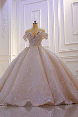 Ballbella custom made you this Off the shoulder Champange Puffy ball Gown Sparkle Wedding Dress comes in all sizes and colors. Welcome to pick the most fabulous style today, extra coupons to save a lot.