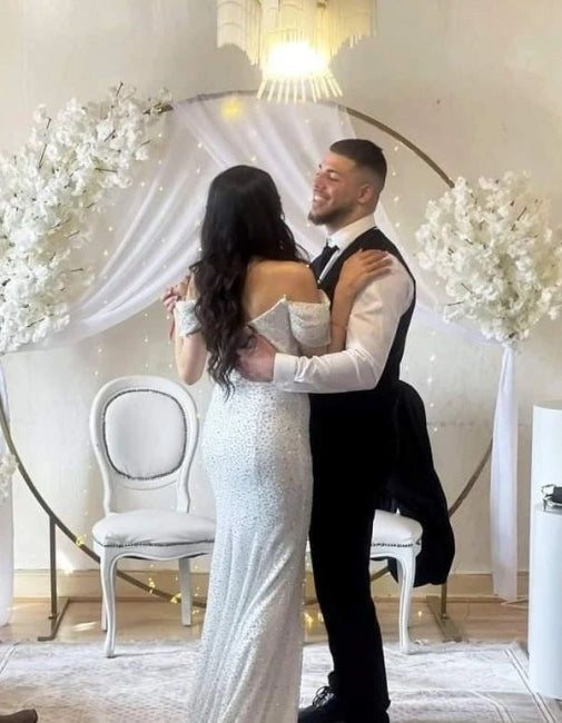 Off the Shoulder Chapel Sequined Floor Length Wedding Dresses-Ballbella