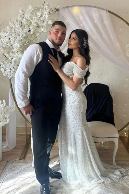Off the Shoulder Chapel Sequined Floor Length Wedding Dresses-Ballbella