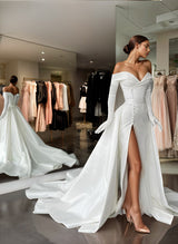 Off-The-Shoulder Court Train Satin Wedding Dresses Detachable Train-Ballbella
