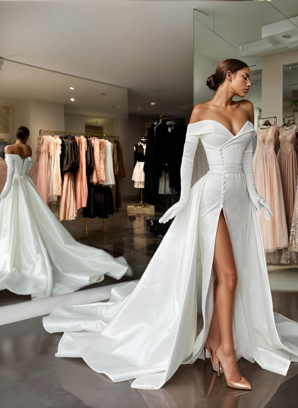 Off-The-Shoulder Court Train Satin Wedding Dresses Detachable Train-Ballbella