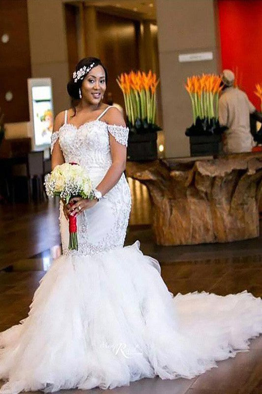 Off the Shoulder Court Train Tulle Mermaid Sleeveless Beading Wedding Dresses-Ballbella