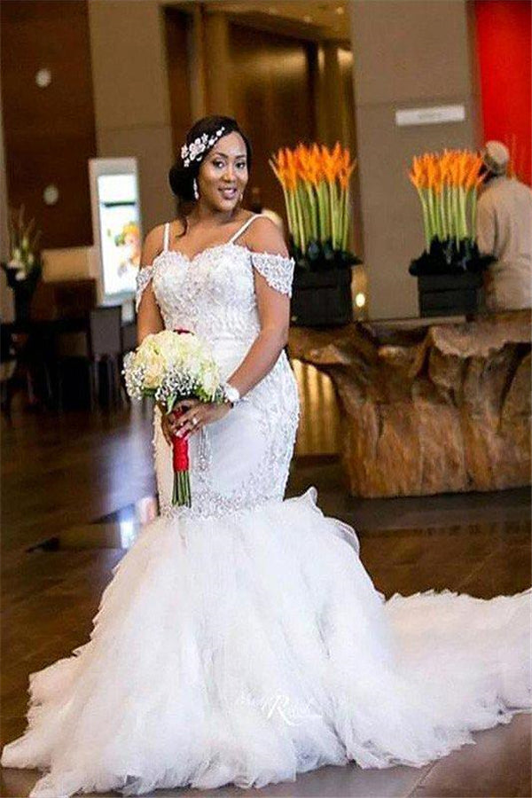 Off the Shoulder Court Train Tulle Mermaid Sleeveless Beading Wedding Dresses-Ballbella