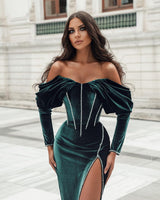 Off the shoulder Dark Green Velvet High split Prom Dress with detachable train-Ballbella