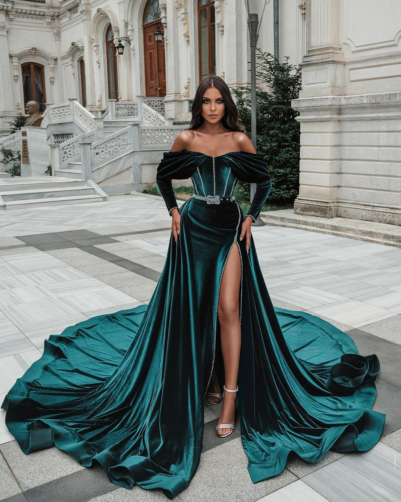 Off the shoulder Dark Green Velvet High split Prom Dress with detachable train-Ballbella