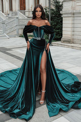 Off the shoulder Dark Green Velvet High split Prom Dress with detachable train-Ballbella