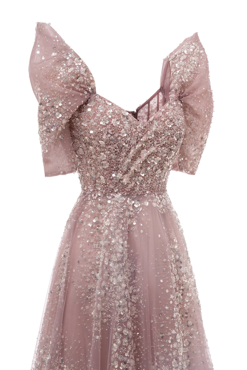 Off the shoulder Dusty Pink A-line Belt Evening Dresses Ballbella Off the shoulder Dusty Pink A-line Belt Evening Dresses Ballbella