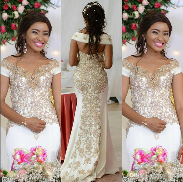 Ballbella offers Off-the-shoulder Golden Lace appliques Backless Wedding Dress online at an affordable price from to Mermaid skirts. Shop for Amazing Sleeveless wedding collections for your big day.