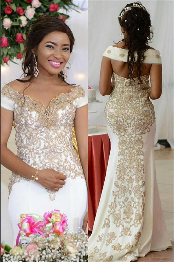 Ballbella offers Off-the-shoulder Golden Lace appliques Backless Wedding Dress online at an affordable price from to Mermaid skirts. Shop for Amazing Sleeveless wedding collections for your big day.