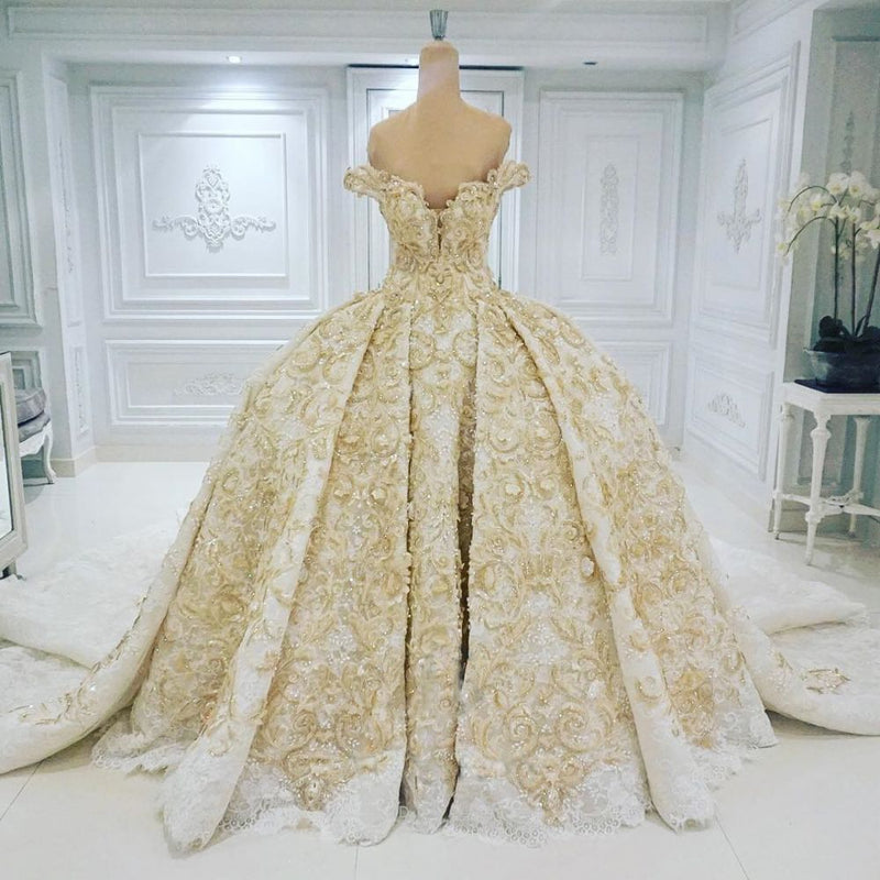 Ballbella offers Off-the-shoulder Golden Lace Appliques Formal Ball Gown Wedding Dress online at an affordable price from to Ball Gown skirts. Shop for Amazing wedding collections for your big day.