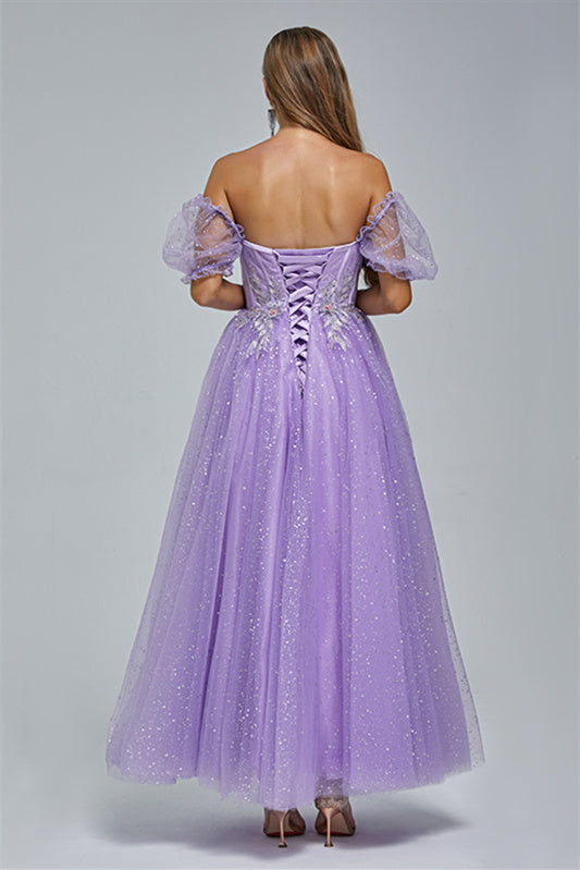 Off-the-shoulder Lace Applique Ankle Length Backless Vintage Beautiful Ball Gown Prom Dress-Ballbella