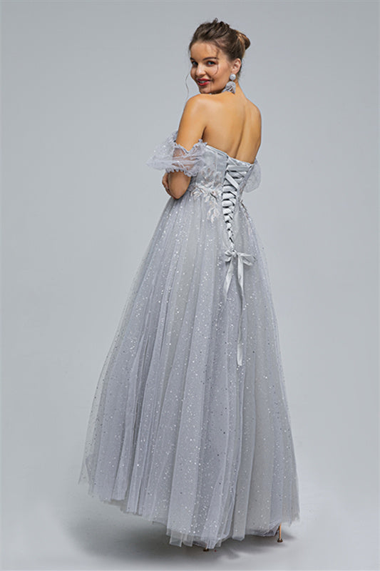 Off-the-shoulder Lace Applique Ankle Length Backless Vintage Beautiful Ball Gown Prom Dress-Ballbella