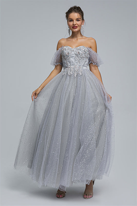 Off-the-shoulder Lace Applique Ankle Length Backless Vintage Beautiful Ball Gown Prom Dress-Ballbella