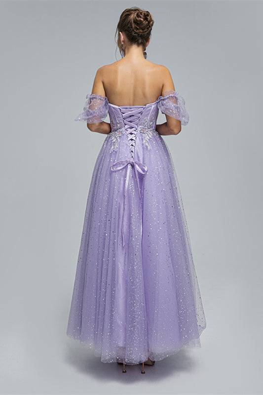 Off-the-shoulder Lace Applique Ankle Length Backless Vintage Beautiful Ball Gown Prom Dress-Ballbella