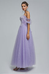 Off-the-shoulder Lace Applique Ankle Length Backless Vintage Beautiful Ball Gown Prom Dress-Ballbella
