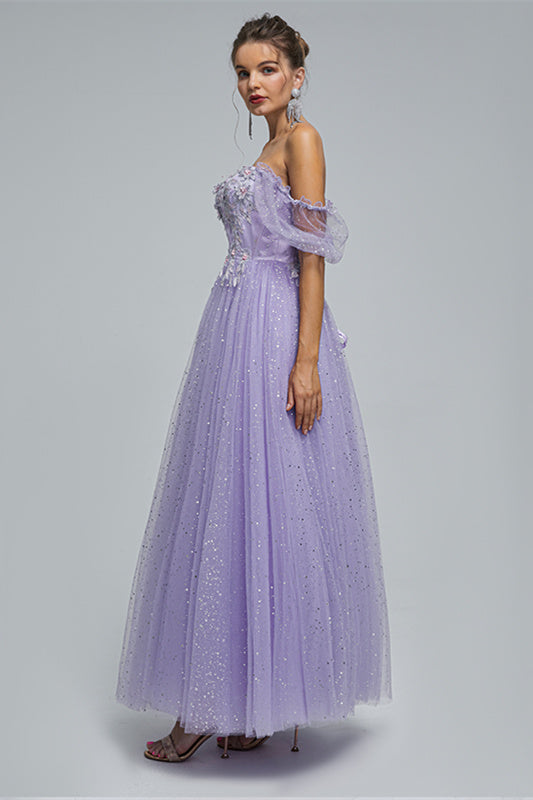 Off-the-shoulder Lace Applique Ankle Length Backless Vintage Beautiful Ball Gown Prom Dress-Ballbella