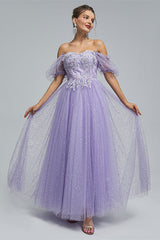Off-the-shoulder Lace Applique Ankle Length Backless Vintage Beautiful Ball Gown Prom Dress-Ballbella