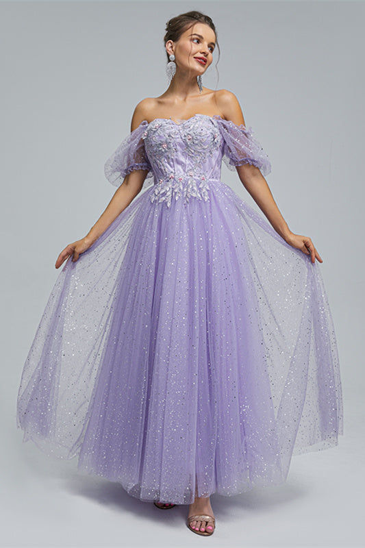 Off-the-shoulder Lace Applique Ankle Length Backless Vintage Beautiful Ball Gown Prom Dress-Ballbella