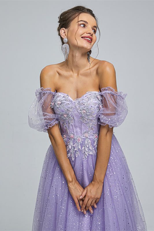 Off-the-shoulder Lace Applique Ankle Length Backless Vintage Beautiful Ball Gown Prom Dress-Ballbella