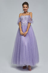 Off-the-shoulder Lace Applique Ankle Length Backless Vintage Beautiful Ball Gown Prom Dress-Ballbella