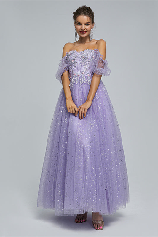 Off-the-shoulder Lace Applique Ankle Length Backless Vintage Beautiful Ball Gown Prom Dress-Ballbella