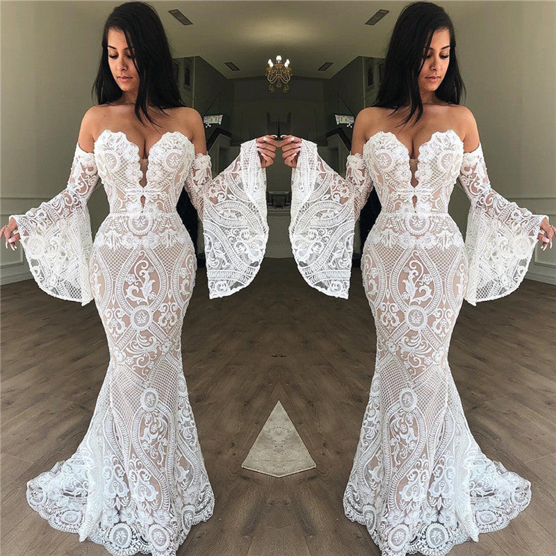 Customizing this New Arrival Off-the-Shoulder Lace Evening Dress Chic Strapless Bell Sleeves Prom Dresses On Sale on Ballbella. We offer extra coupons,  make Prom Dresses, Evening Dresses in cheap and affordable price. We provide worldwide shipping and will make the dress perfect for everyone.