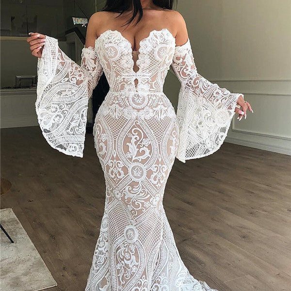 Off-the-Shoulder Lace Evening Dress Chic Strapless Bell Sleeves Prom Dresses Off-the-Shoulder Lace Evening Dress Chic Strapless Bell Sleeves Prom Dresses
