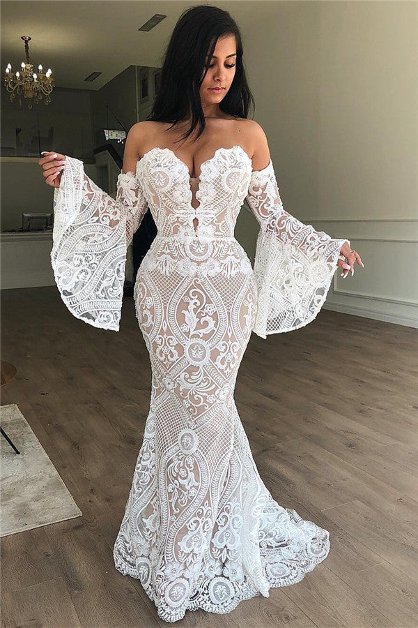 Customizing this New Arrival Off-the-Shoulder Lace Evening Dress Chic Strapless Bell Sleeves Prom Dresses On Sale on Ballbella. We offer extra coupons,  make Prom Dresses, Evening Dresses in cheap and affordable price. We provide worldwide shipping and will make the dress perfect for everyone.