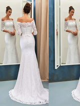 Check this Off-the-Shoulder Lace Mermaid Long Sleevess Sweep Train Wedding Dresses at ballbella.com, this dress will make your guests say wow. The Off-the-shoulder bodice is thoughtfully lined, and the skirt with to provide the airy, flatter look of Lace.