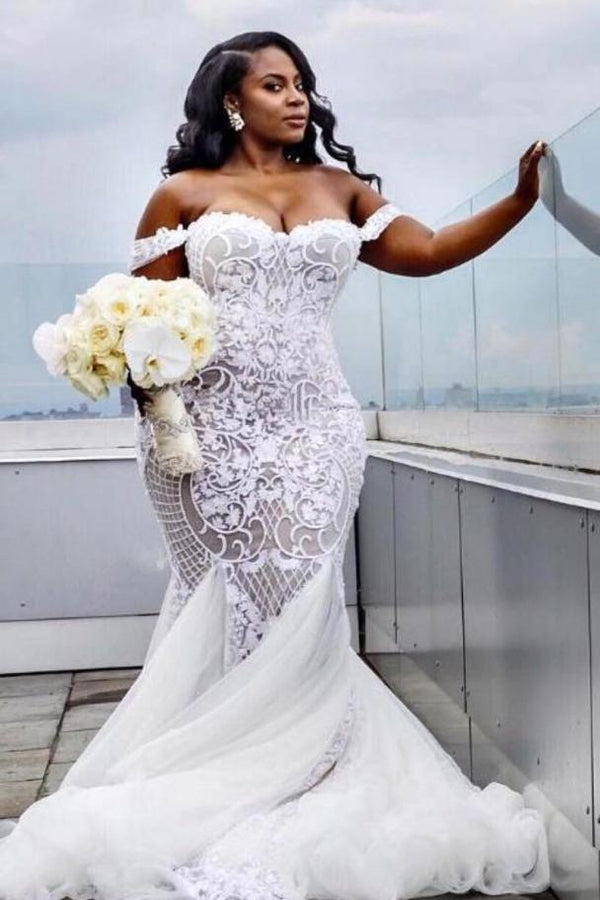 off the shoulder lace mermaid wedding dress Off-the-Shoulder Beaded Lace Mermaid Wedding Dress