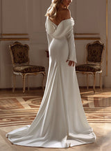 Off-The-Shoulder Long Sleeves Elastic Satin Wedding Dress-Ballbella