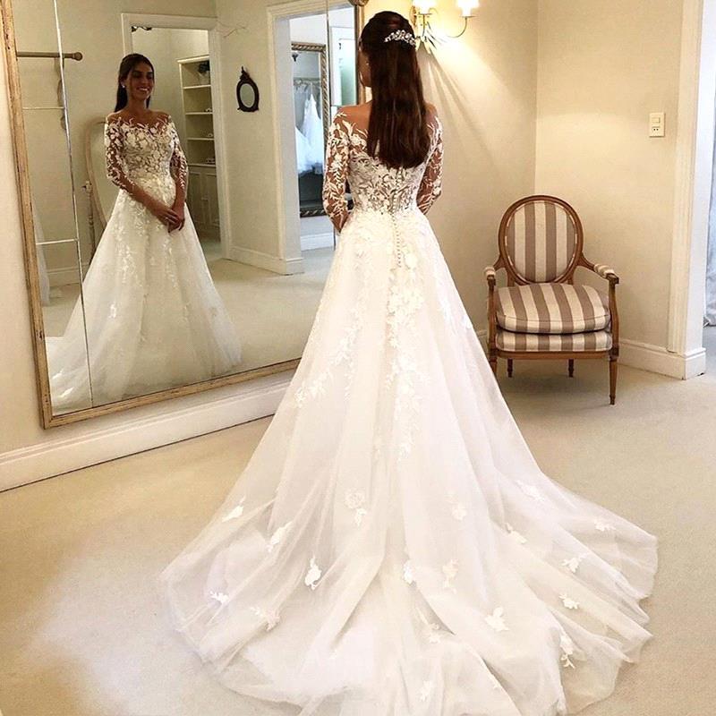 Off-the-Shoulder Long Sleeves Mermaid Lace Wedding Dress-Ballbella