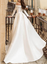 Off-The-Shoulder Long Sleeves Pearl Detachable Wedding Dress-Ballbella