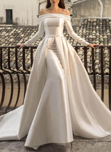 Off-The-Shoulder Long Sleeves Pearl Detachable Wedding Dress-Ballbella